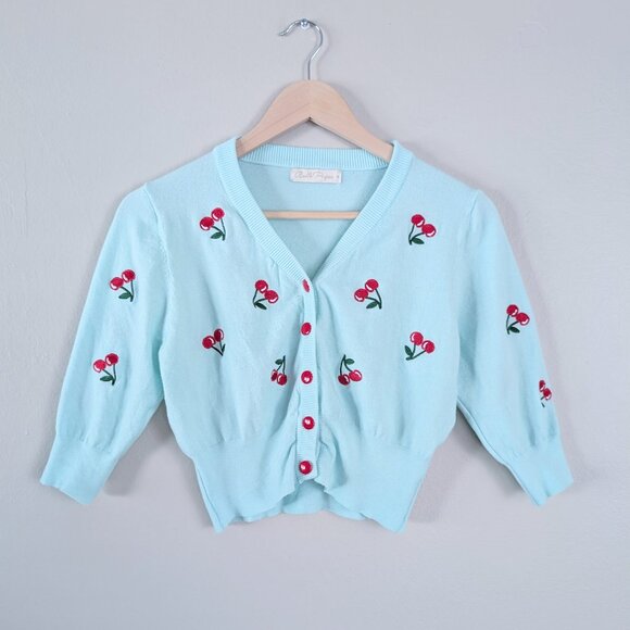 Red Blue Embroidered Cherry Pattern Cropped Cardigan Twee Coquette Dollette Sz M - Picture 2 of 8